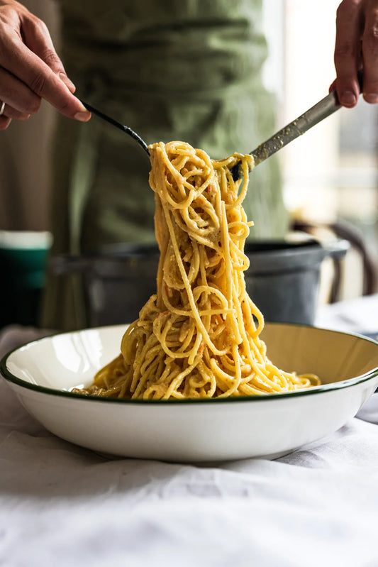 Spaghetti à la ricotta, lentilles rouges et tomates jaunes