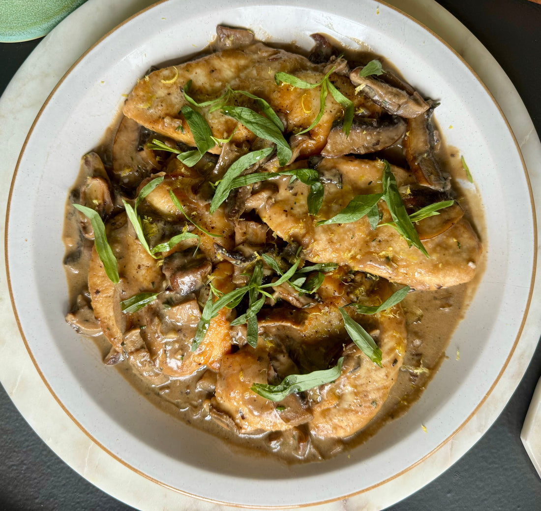 Poulet, sauce crémeuse aux champignons (version allégée)