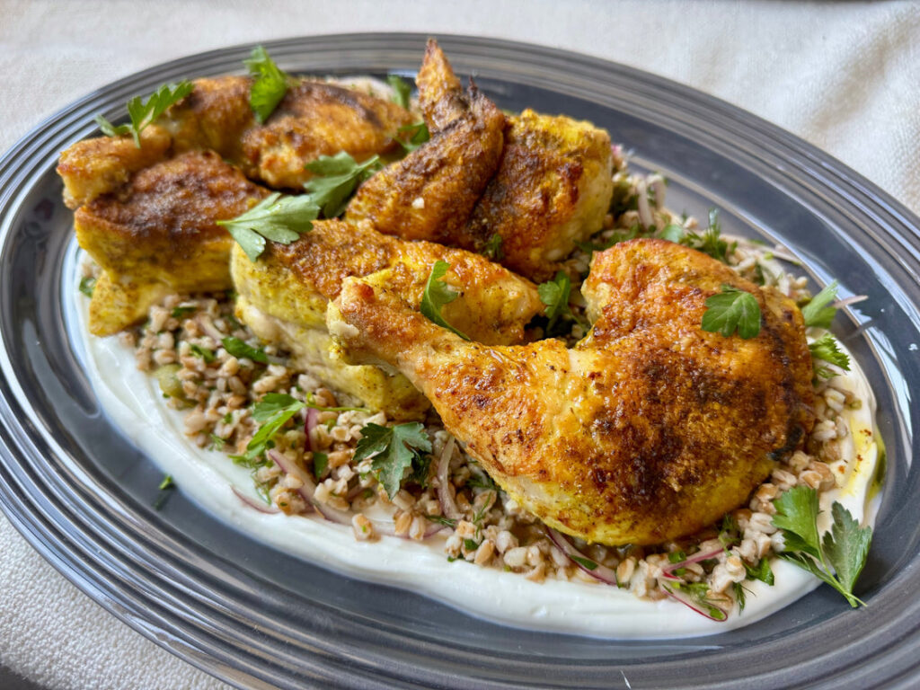 Poulet rôti au Vinaigre de Feu et salade de farro aux herbes