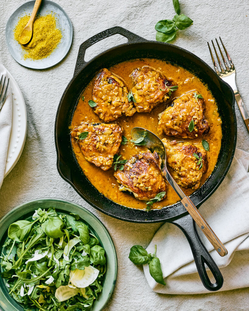 Hauts de cuisse de poulet et sauce au Vinaigre de Feu