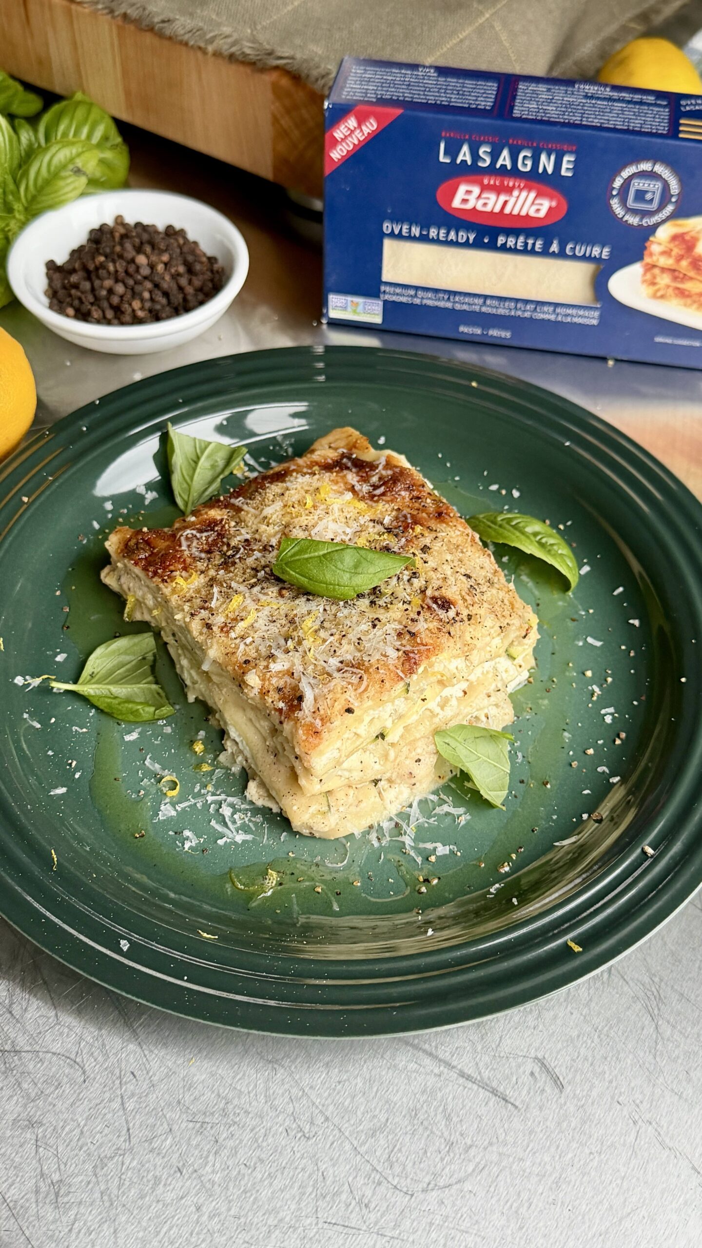 Lasagne Cacio e Pepe, courgettes et ricotta au citron